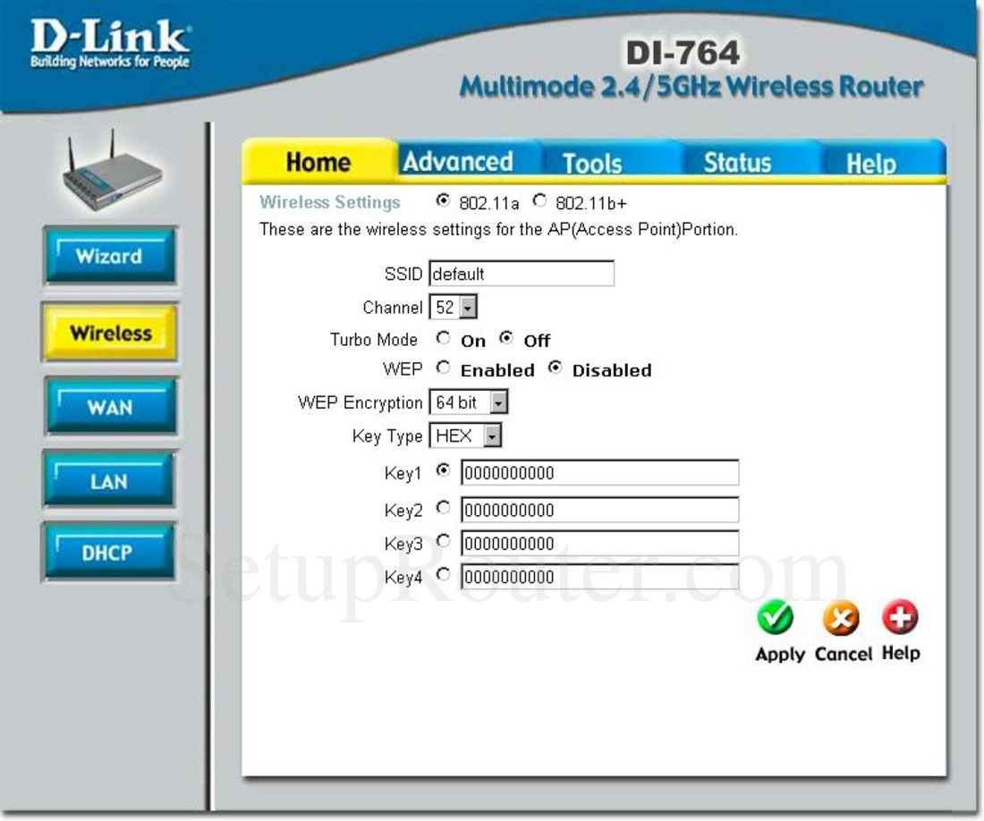 Dlink DI-764 Screenshot Wireless Settings