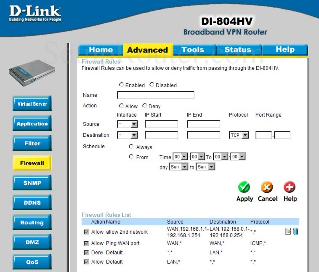 Keywords on The Dlink DI-804HV Firewall Rules Screenshot