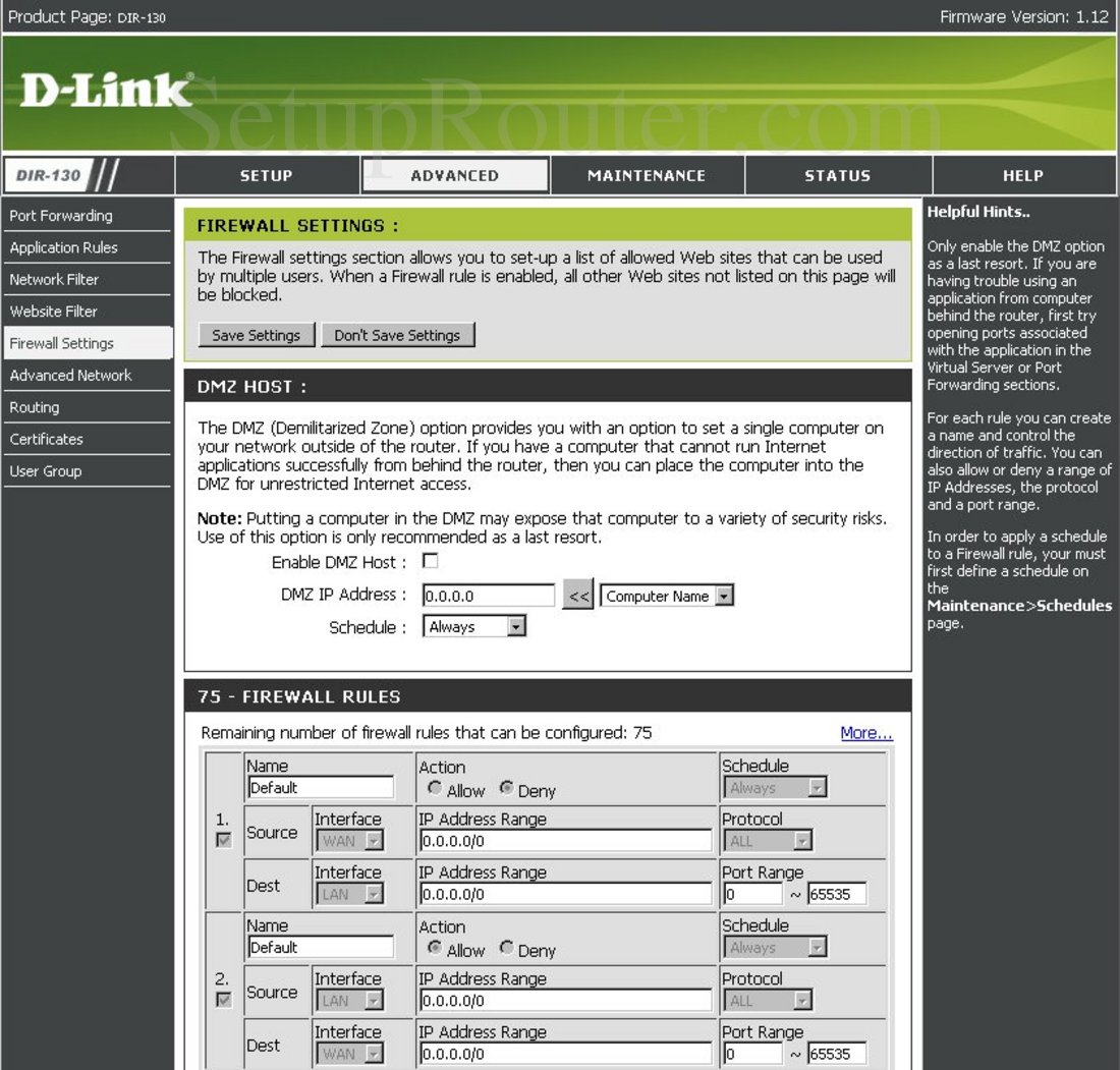 Dlink DIR130 Screenshot Firewall Settings