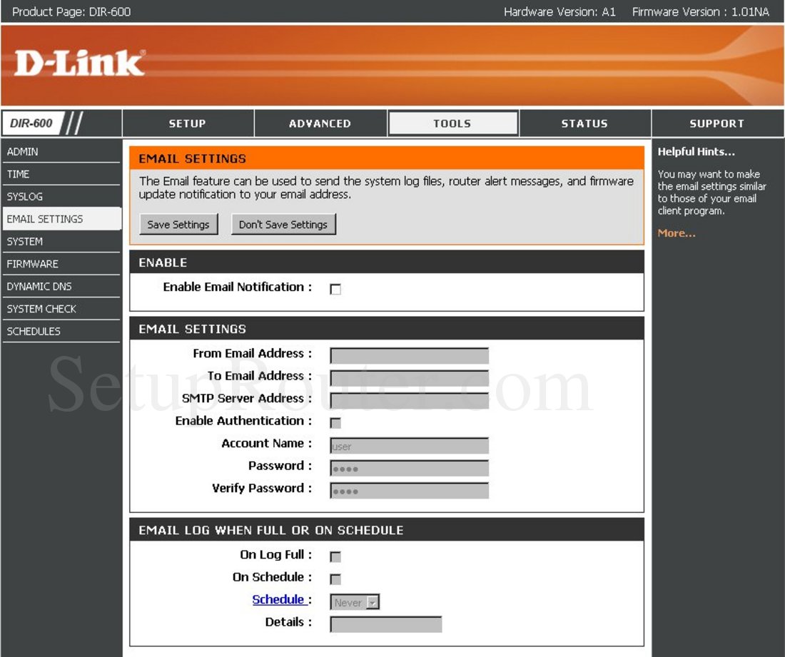 Dlink DIR-600 Screenshot Email Settings