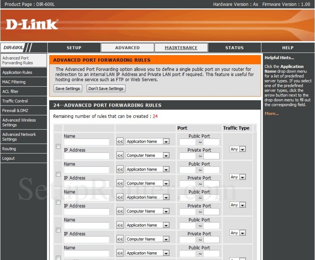 Dlink DIR-600L Screenshot AdvancedPortForwardingRules