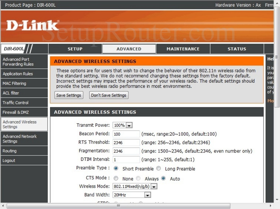 Dlink DIR-600L Screenshot AdvancedWirelessSettings