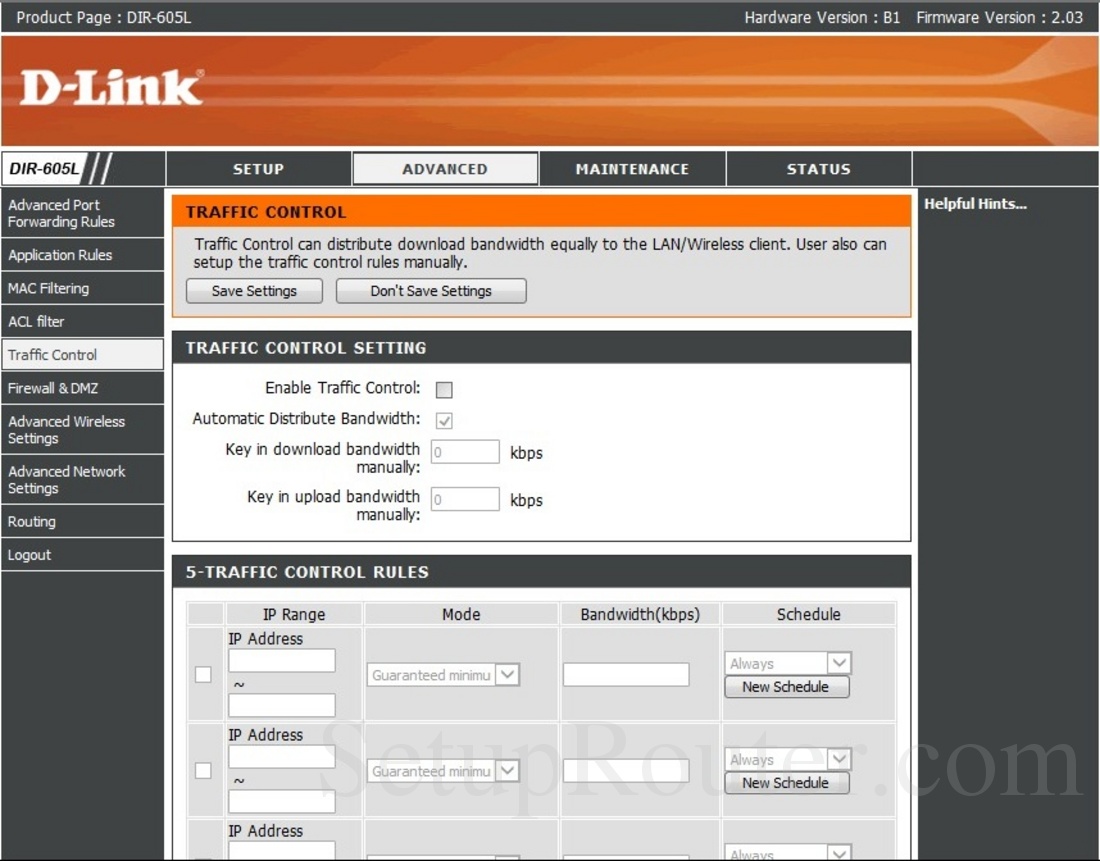 Dlink DIR-605L Screenshot TrafficControl