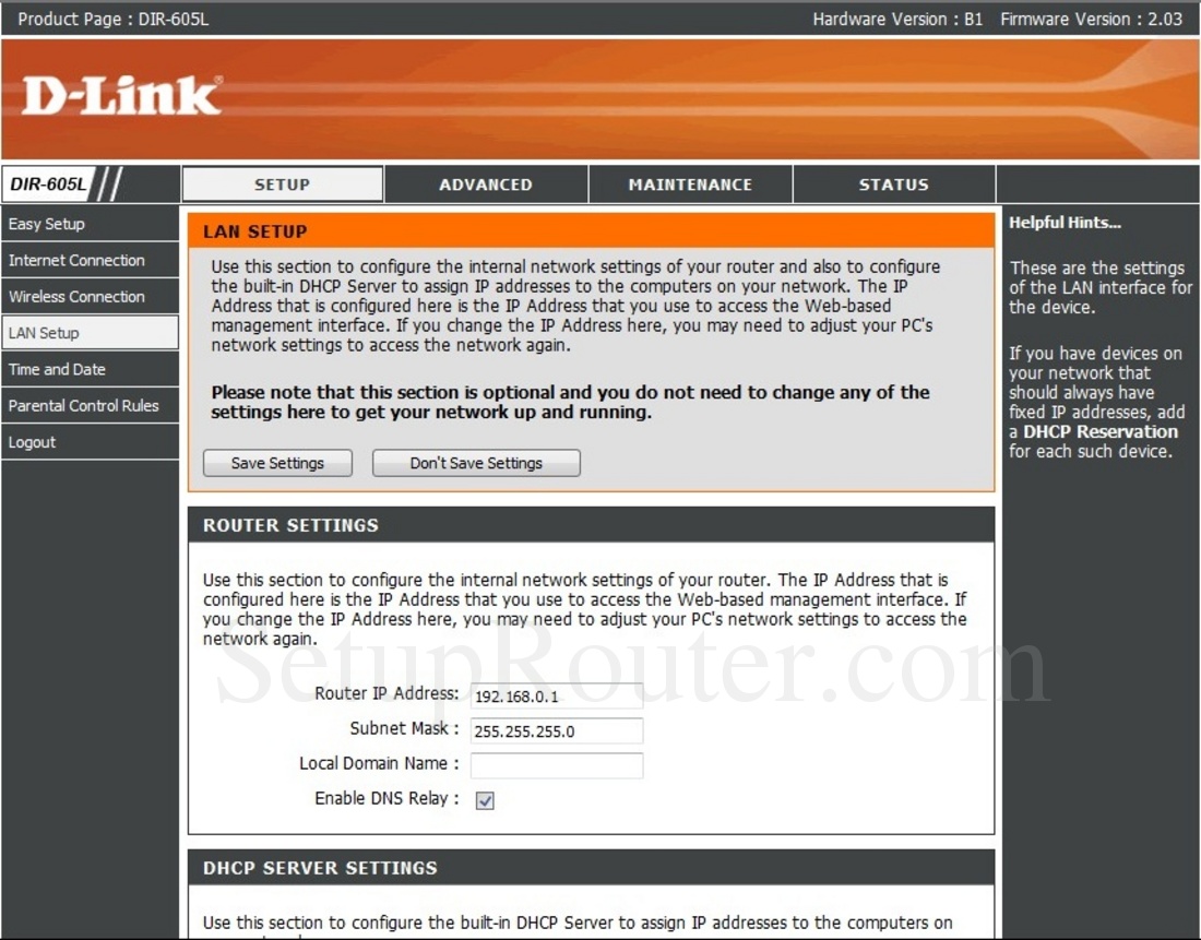 Dlink DIR-605L Screenshot LANSetup