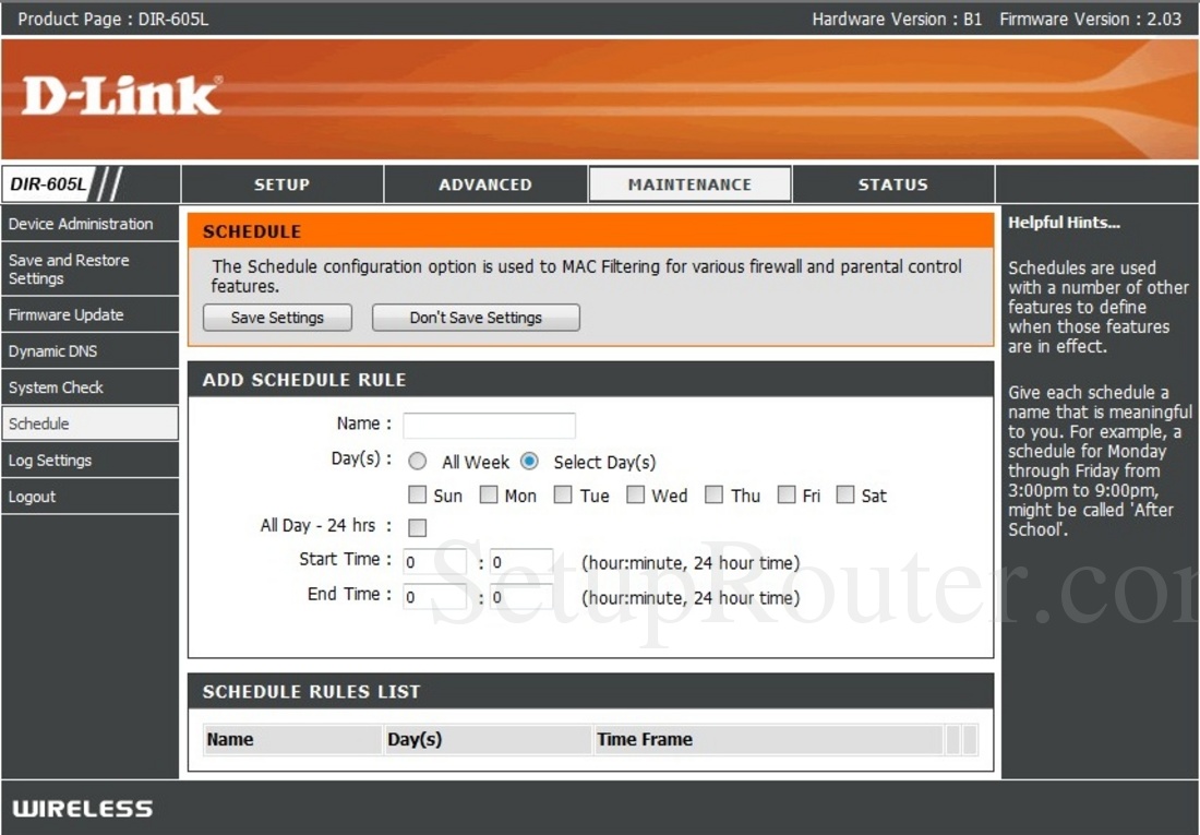 Dlink DIR-605L Screenshot Schedule