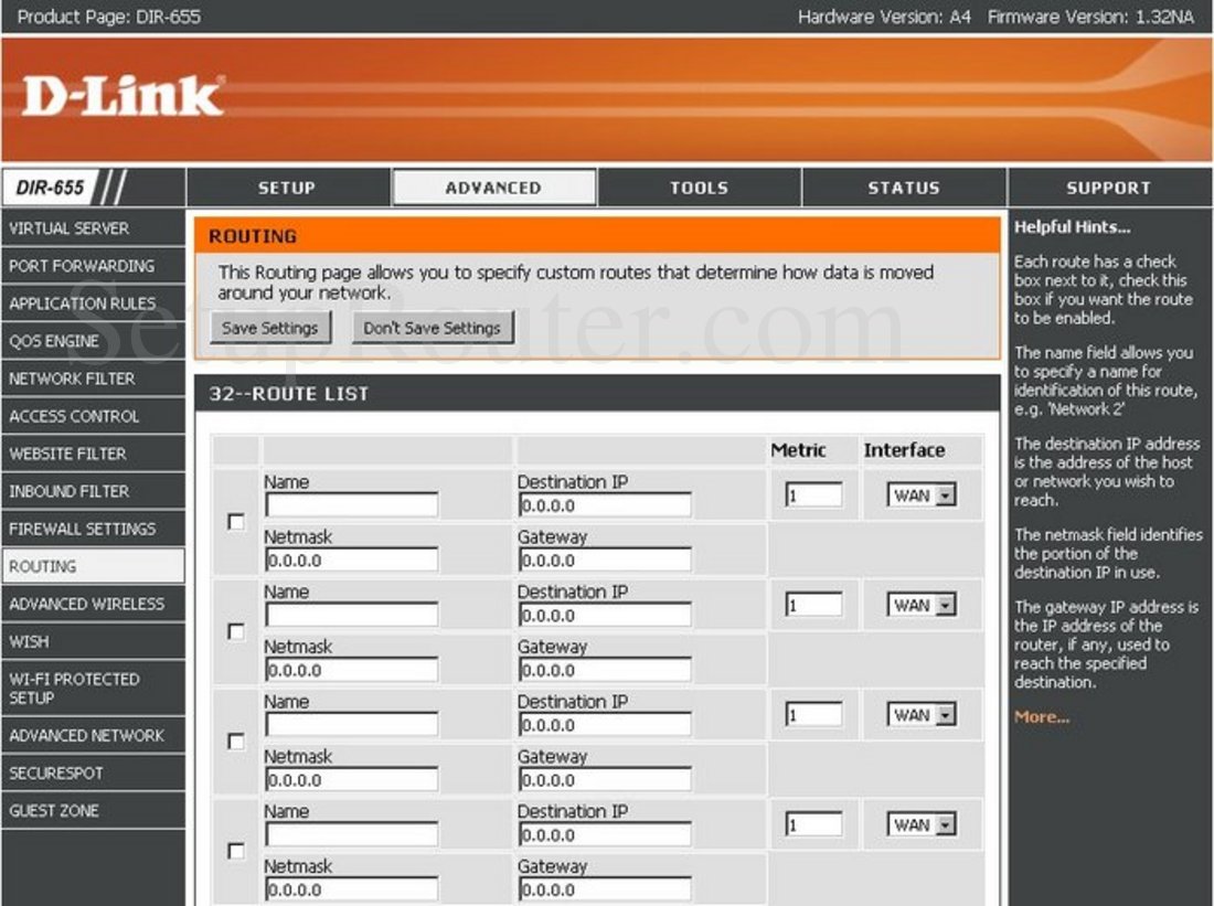Dlink DIR-655 Screenshot Routing
