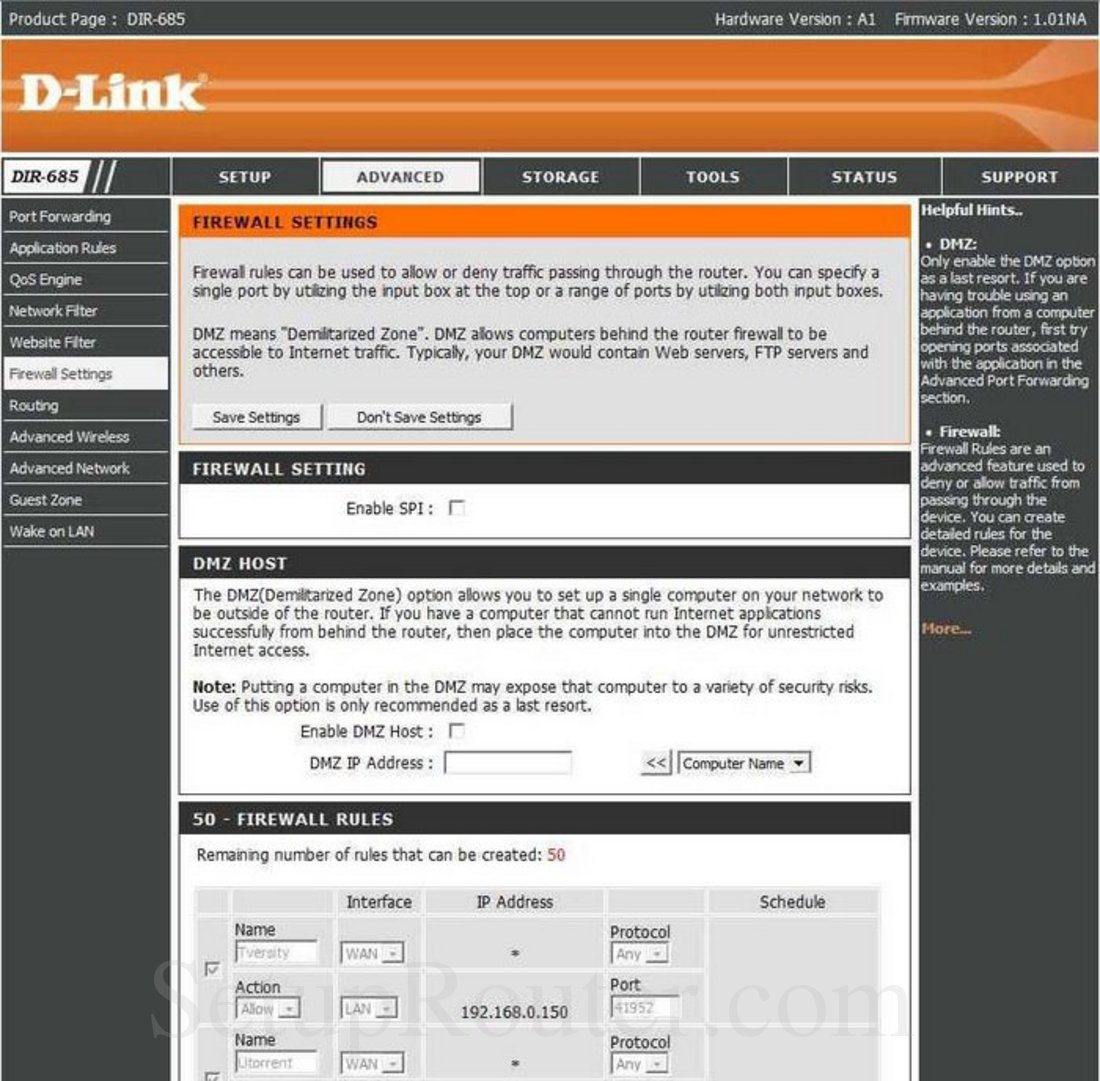 Dlink DIR-685 Screenshot Firewall Settings