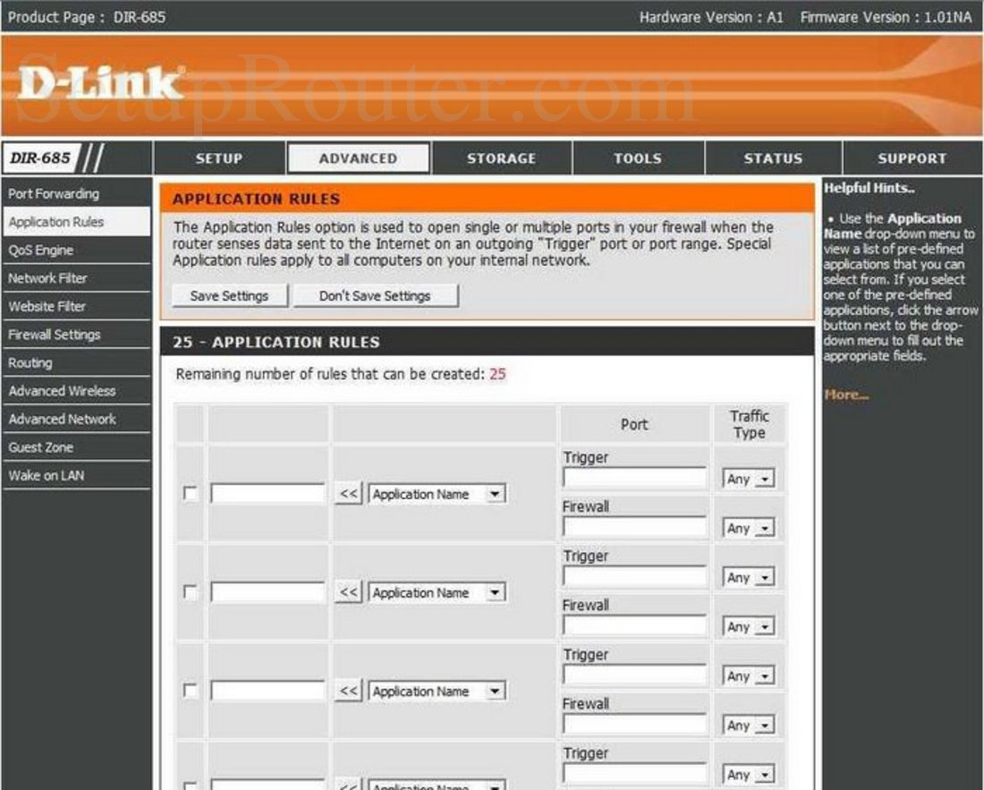 Dlink DIR-685 Screenshot Application Rules