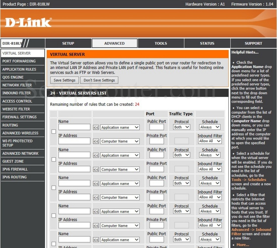 Dlink DIR818LW Screenshot VirtualServer