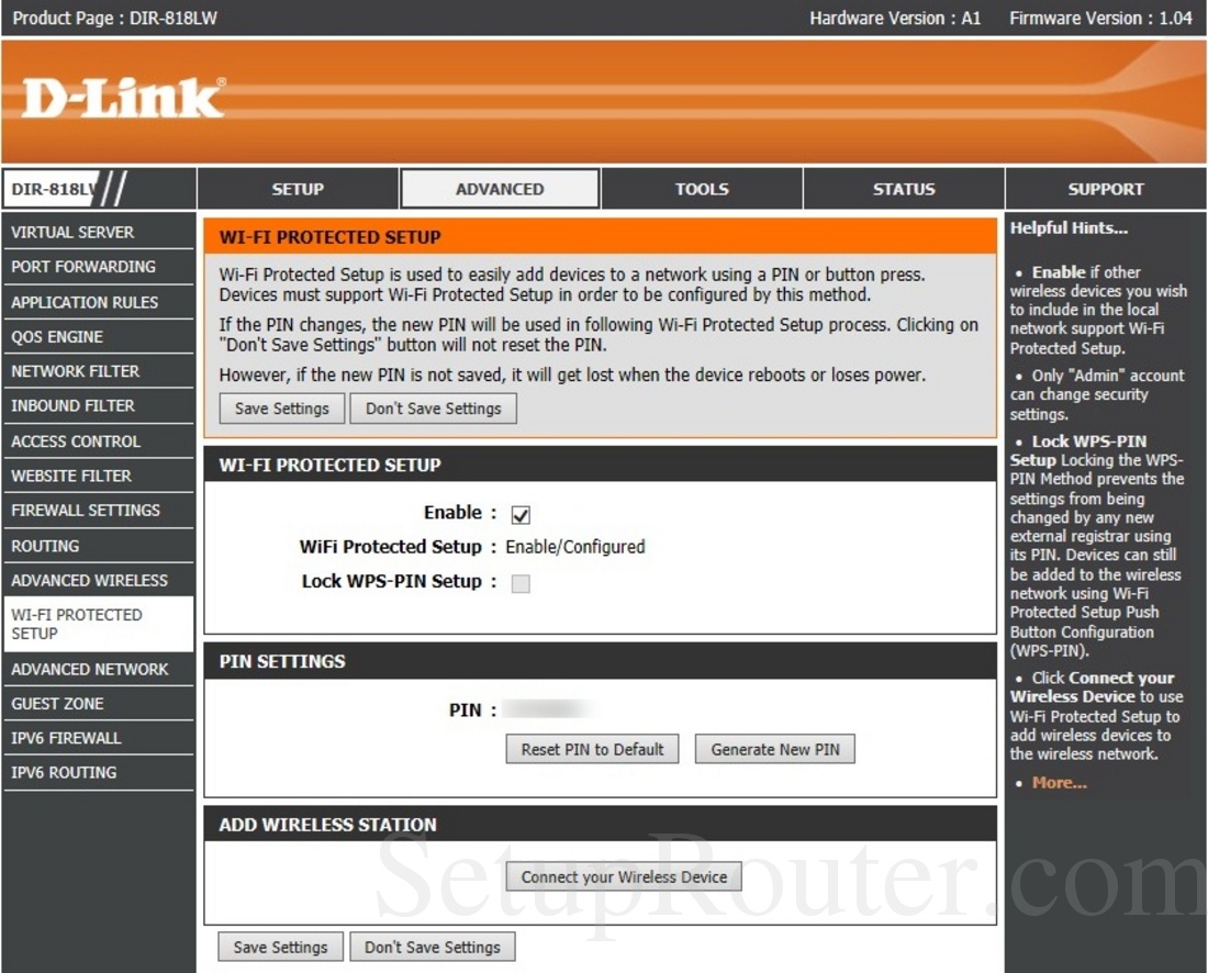 Dlink DIR-818LW Screenshot WiFiProtectedSetup