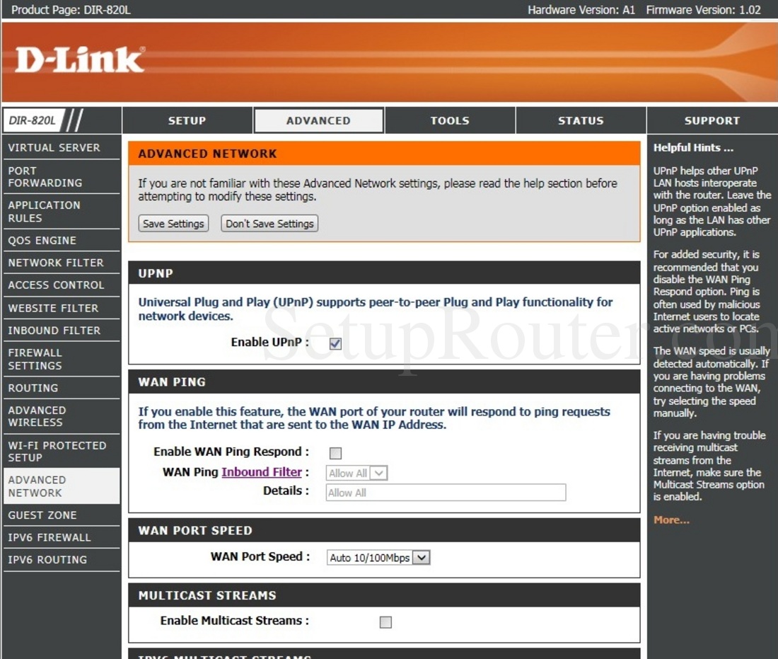 Dlink DIR-820L Screenshot AdvancedNetwork