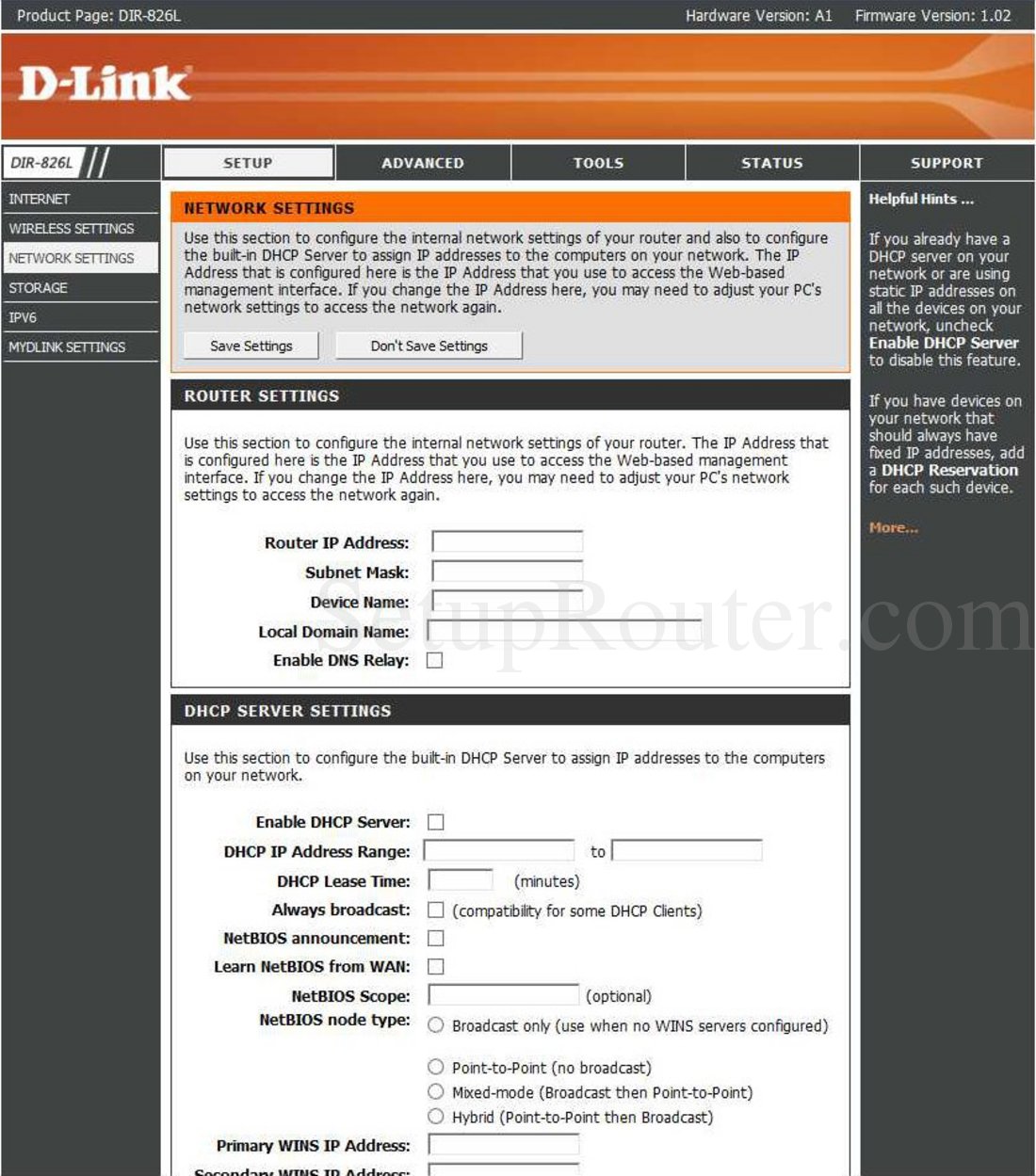 Dlink DIR-826L Screenshot NetworkSettings