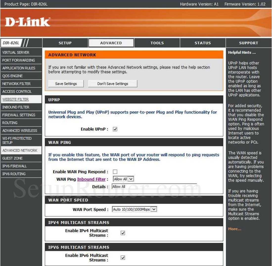 Dlink DIR-826L Screenshot AdvancedNetwork