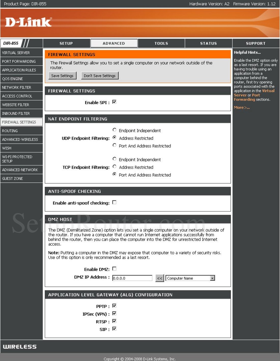 Dlink DIR855 Screenshot Firewall Settings