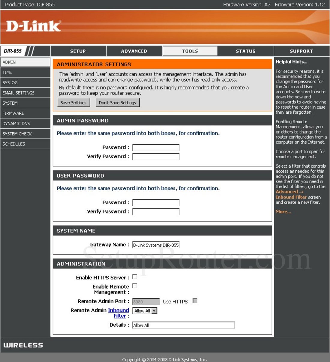 dlink-dir-855-screenshot-admin-settings