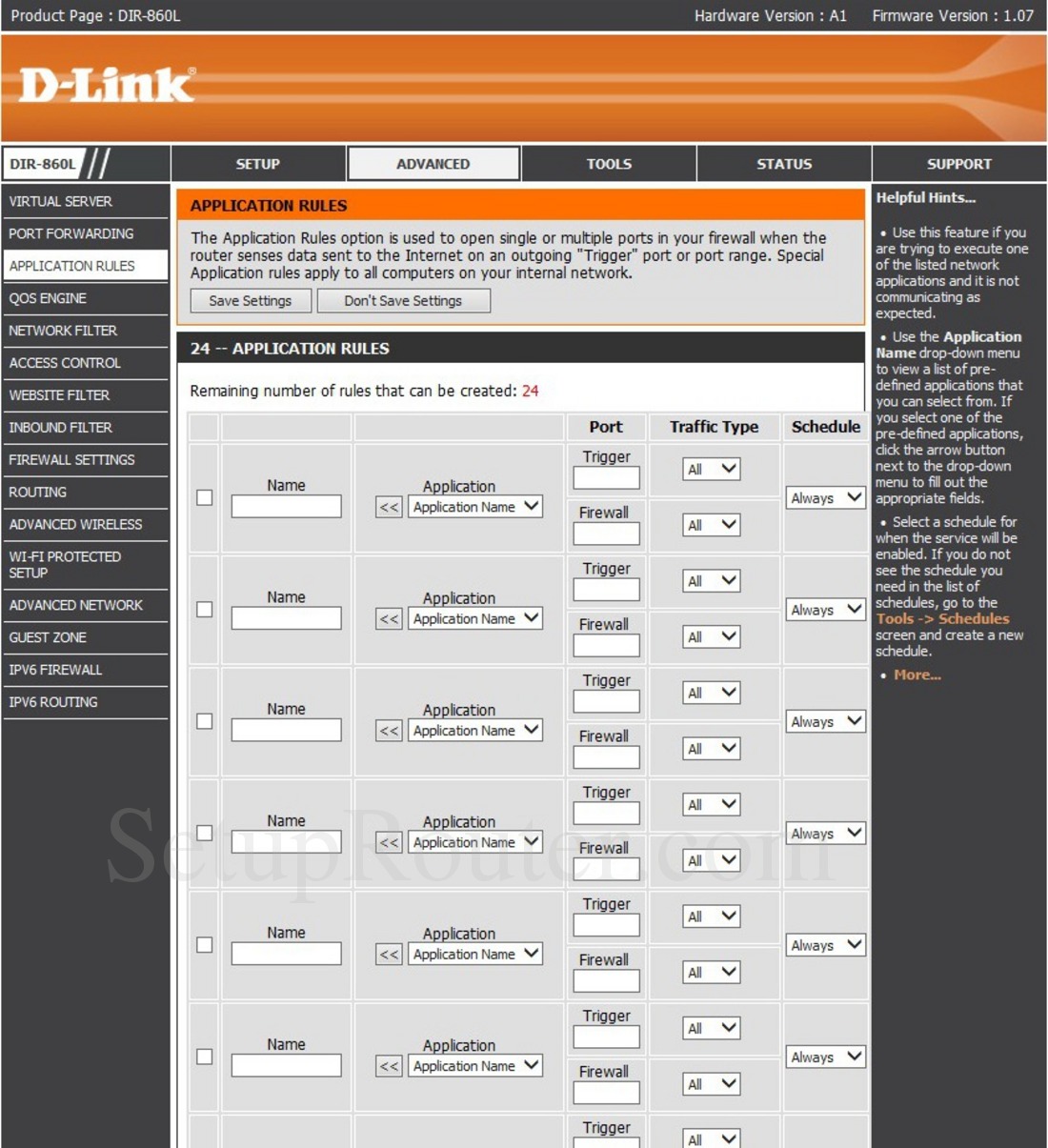 Dlink DIR-860L Screenshot ApplicationRules