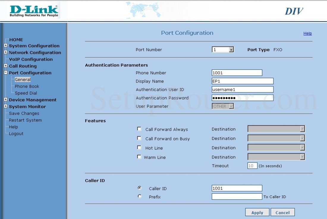 Dlink DIV-140 Screenshot Port Configuration