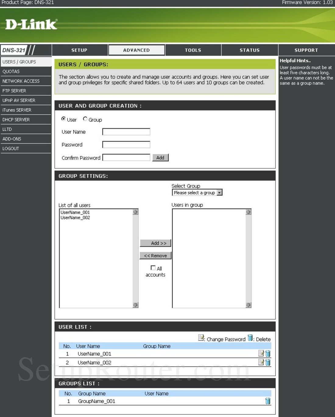 Dlink DNS321 Screenshot Users Groups