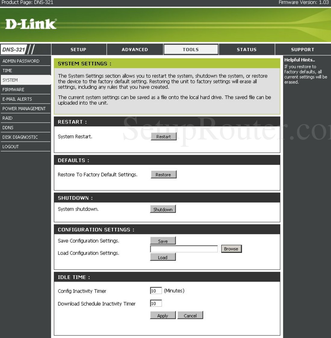 Dlink DNS321 Screenshot System Settings