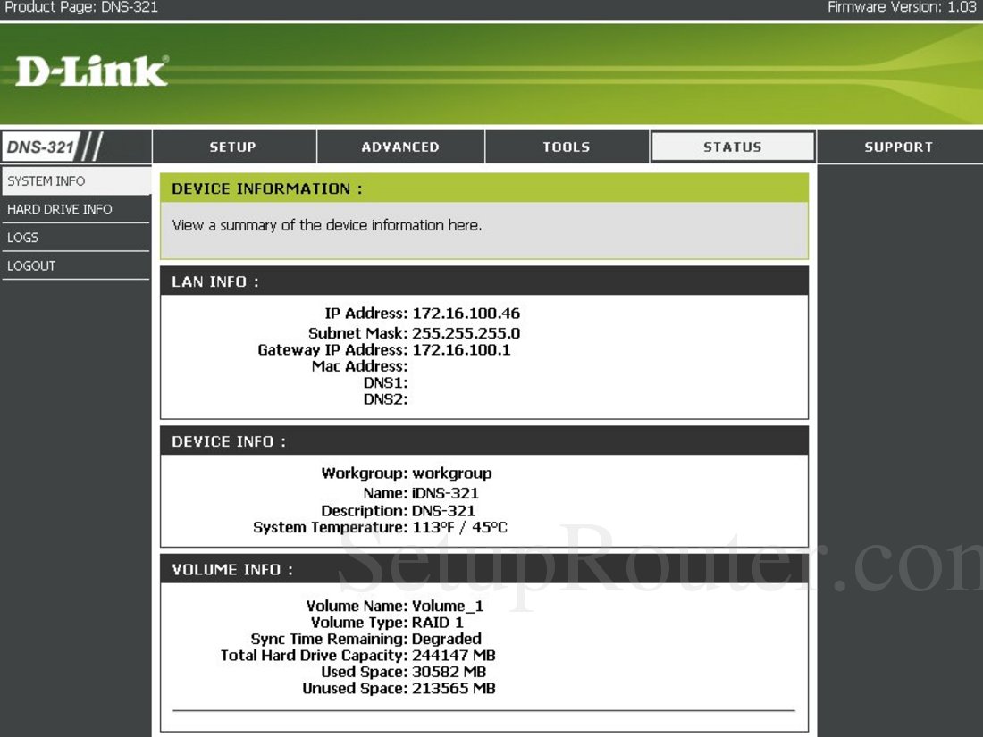 Dlink DNS321 Screenshot System Information