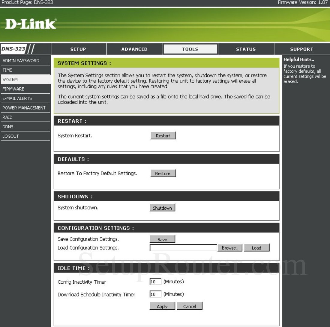 Dlink DNS-323-1TB Screenshot System Settings