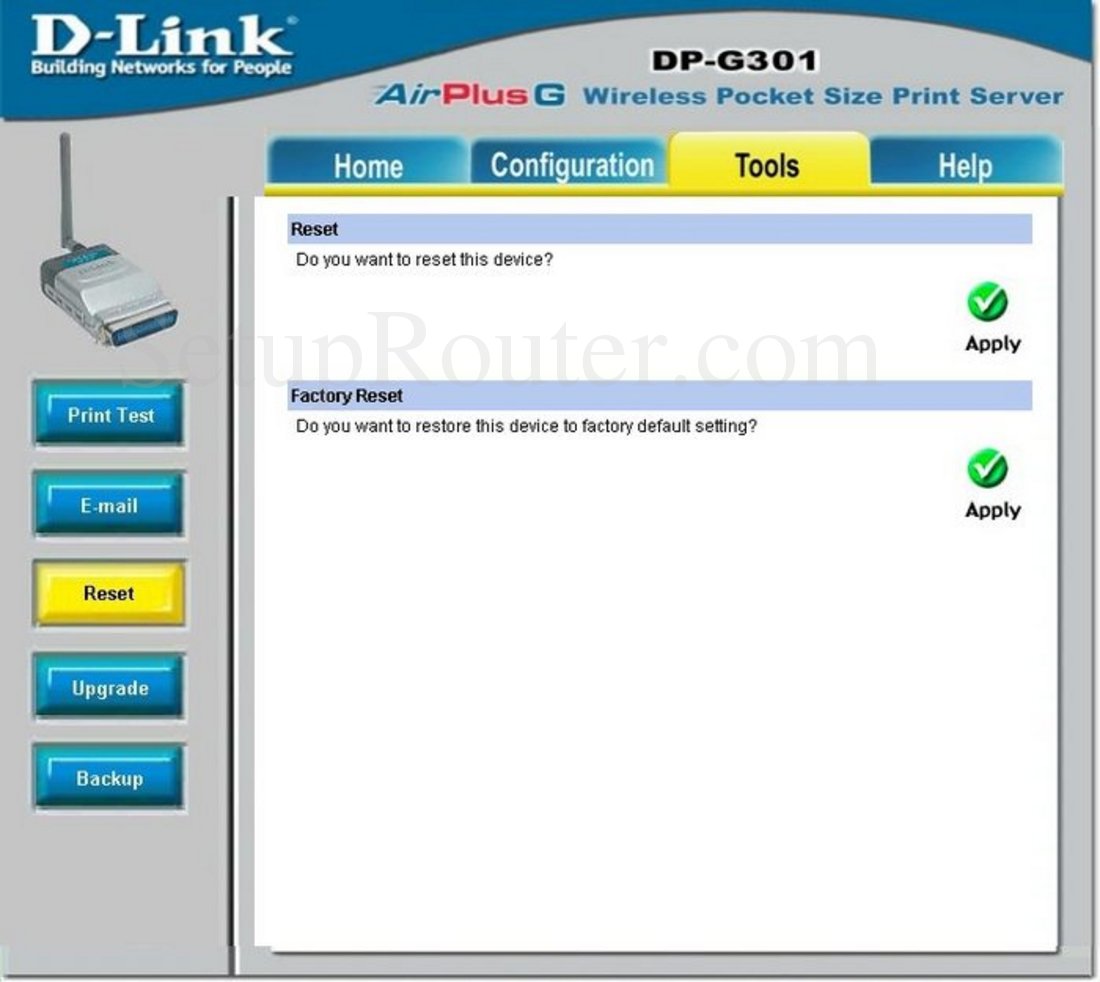 Dlink DPG301 Screenshot Reset