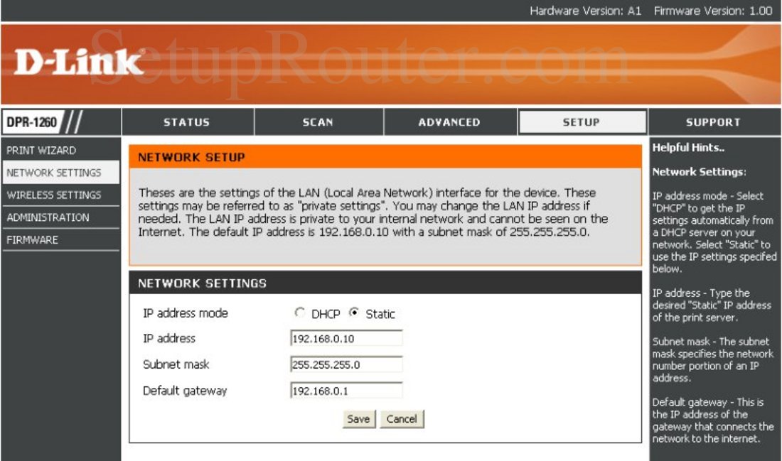 Dlink DPR1260 Screenshot Network Settings Static IP