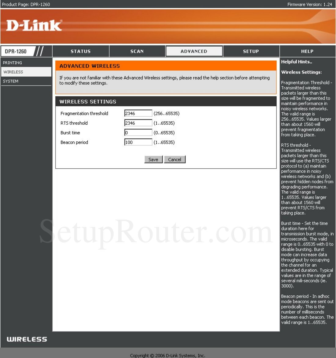 Dlink DPR1260 Screenshot Advanced Wireless