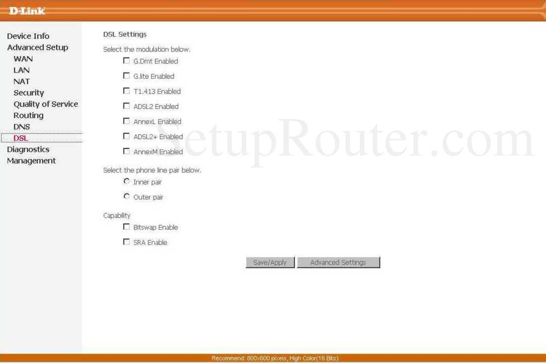Dlink DSL2520U Screenshot DSLSettings