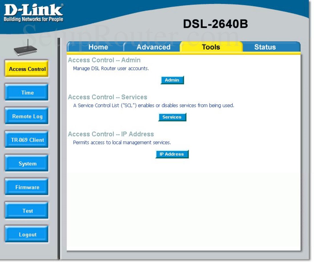 Dlink DSL-2640B Screenshot Access Control