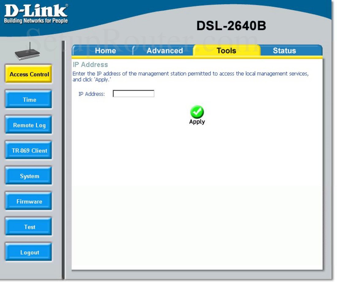 Dlink DSL-2640B Screenshot Access Control - IP Address - Add