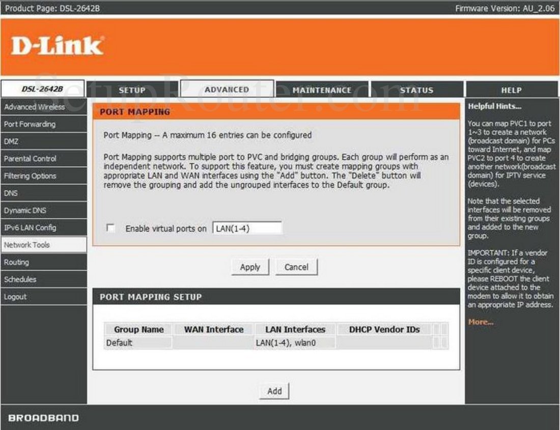 Dlink DSL2642B Screenshot Advanced Network Tools Port Mapping
