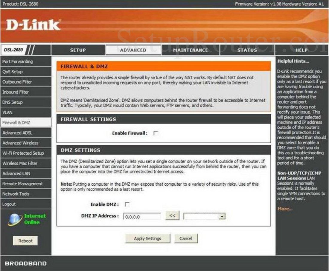 Dlink DSL-2680 Screenshot Firewall and DMZ