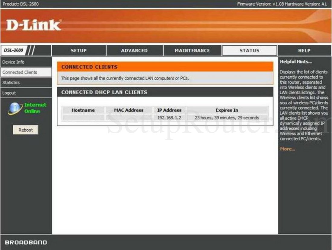 Dlink DSL-2680 Screenshot Connected Clients