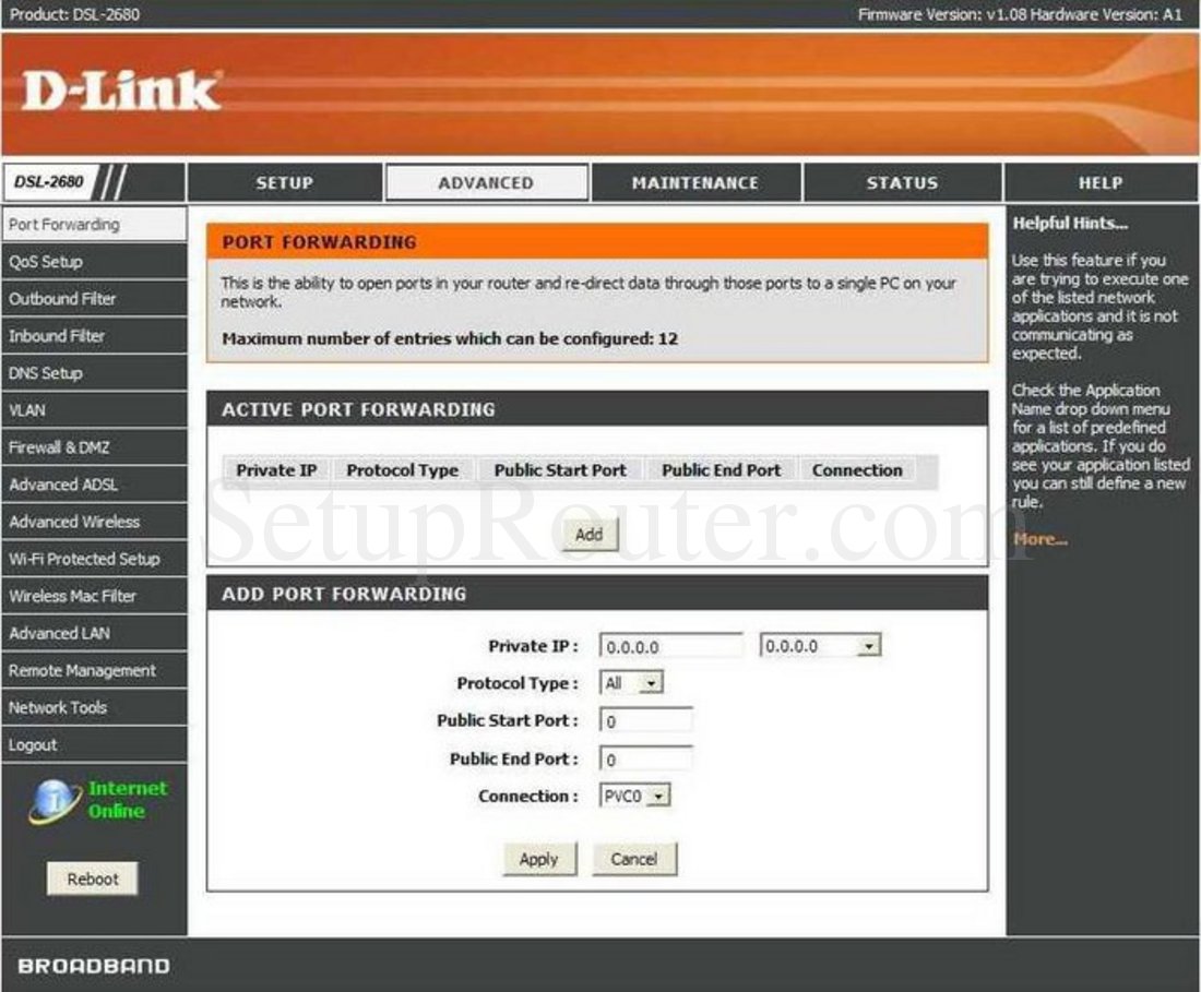 Dlink DSL-2680 Screenshot Port Forwarding