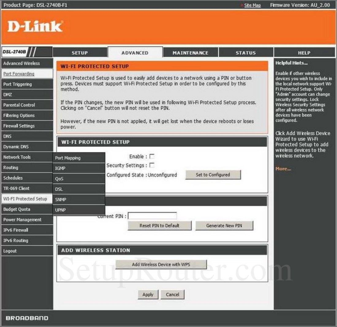 Dlink DSL-2740B-F1 Screenshot Wi Fi Protected Setup