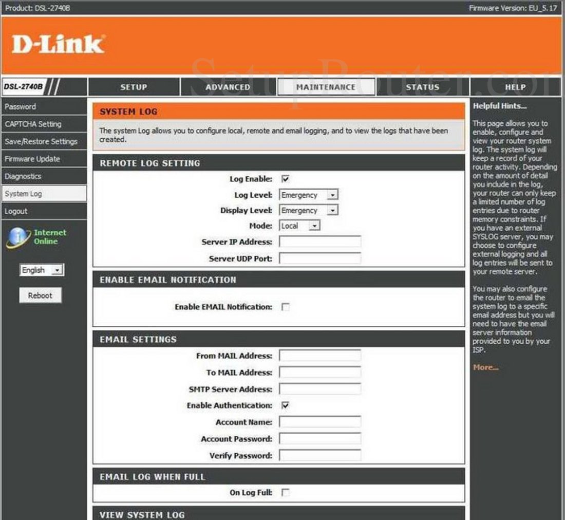 Dlink DSL-2740B Screenshot System Log