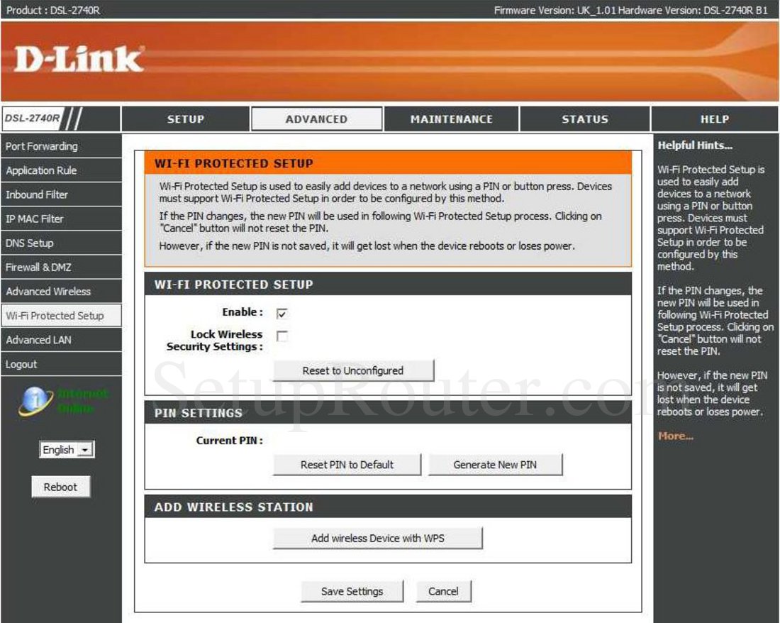 Dlink DSL-2740R Screenshot Wi Fi Protected Setup