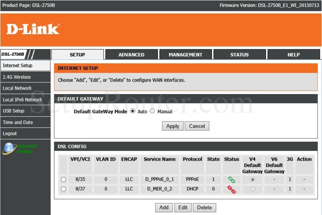 Keywords on The Dlink DSL-2750B InternetSetup Screenshot