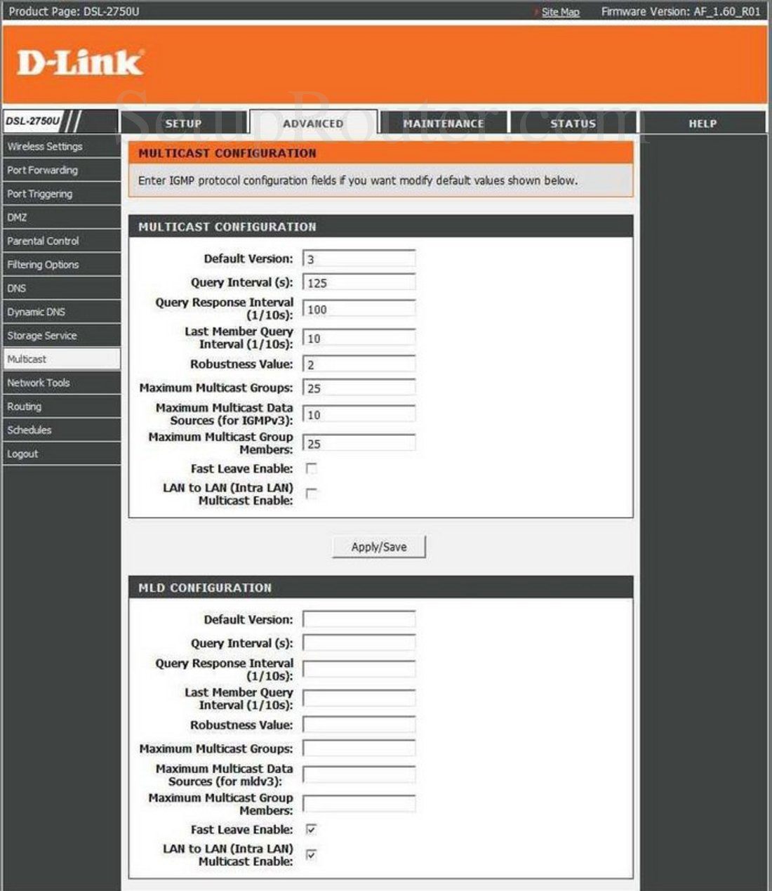 Dlink DSL2750U Screenshot Multicast