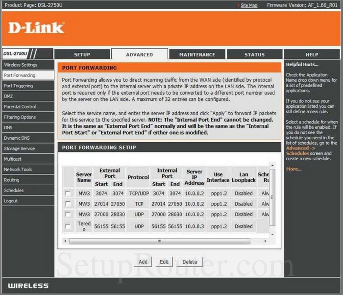 Dlink DSL2750U Screenshot Port Forwarding