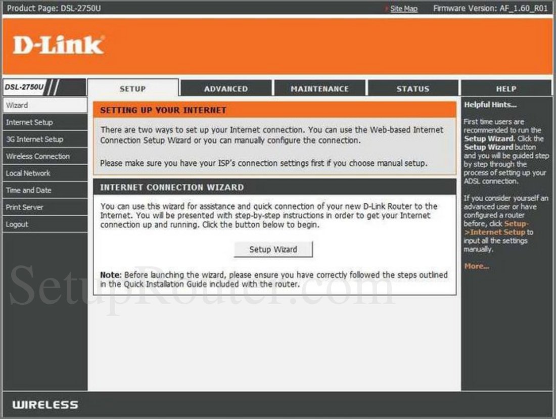 Dlink DSL2750U Screenshot Setup Wizard