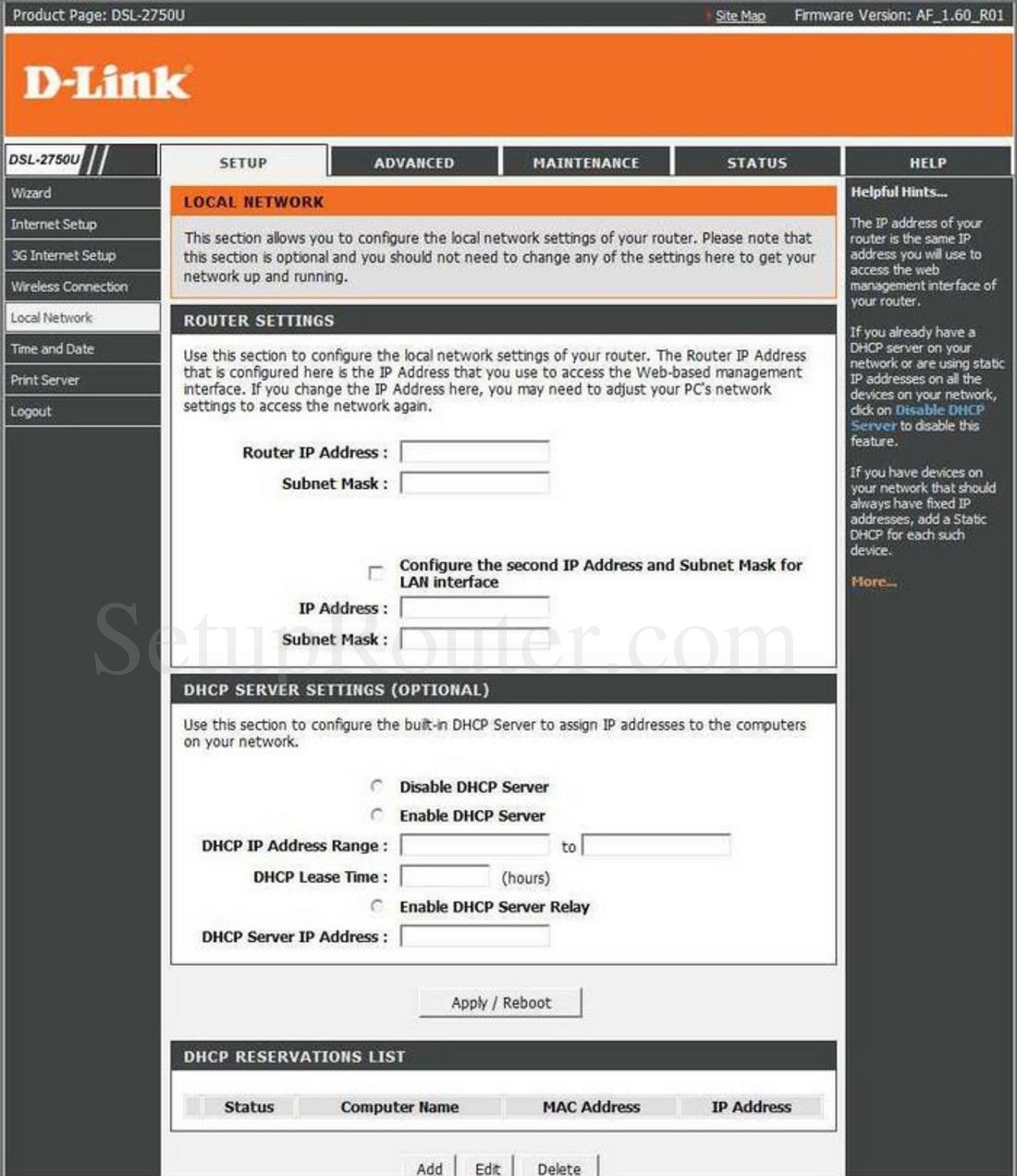 Dlink DSL2750U Screenshot Local Network