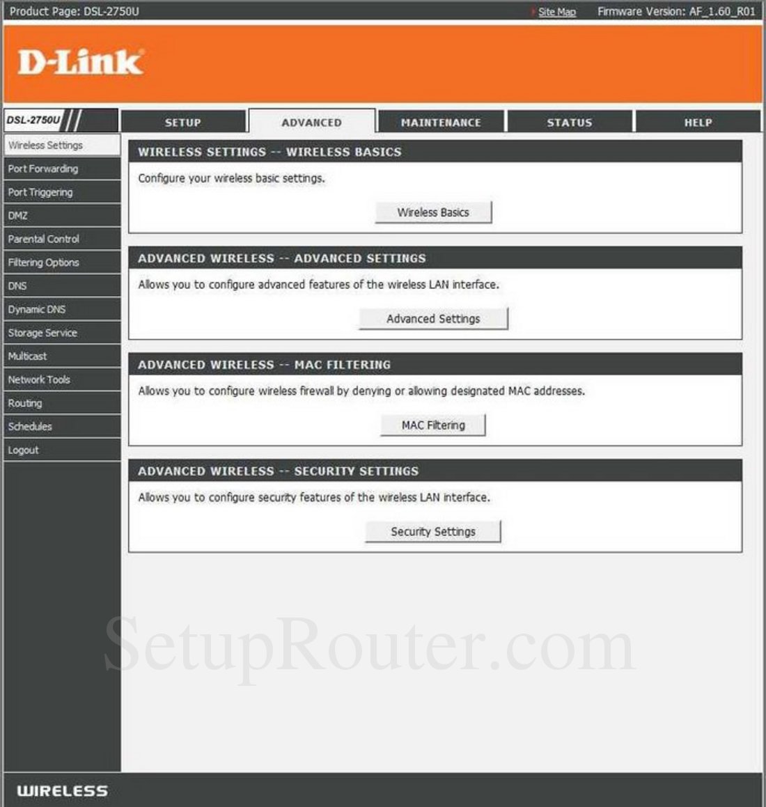 Dlink DSL2750U Screenshot Wireless Settings