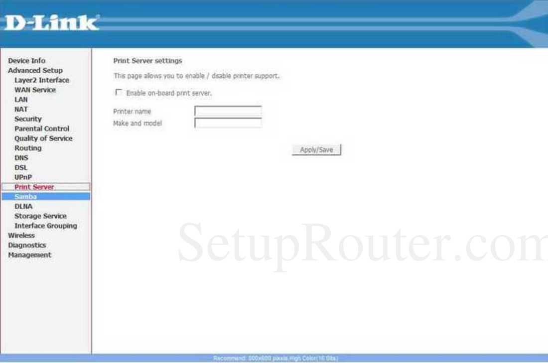 Dlink DSL2760U Screenshot Advanced Setup Print Server