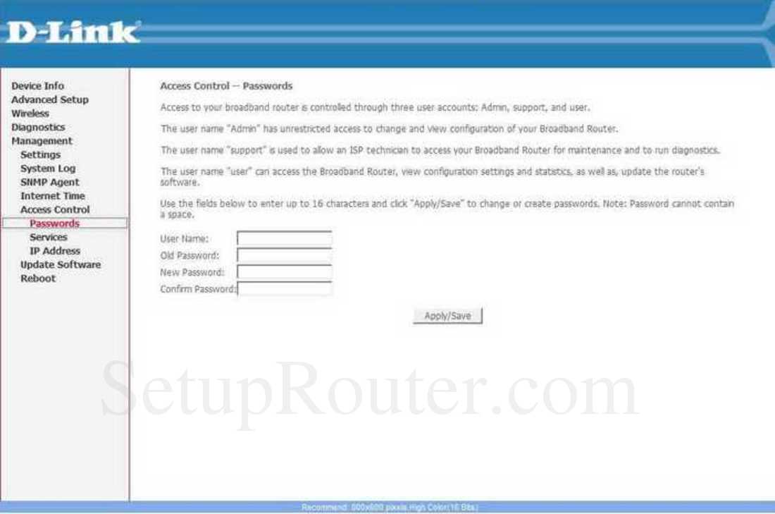Dlink DSL2760U Screenshot Management Access Control Passwords