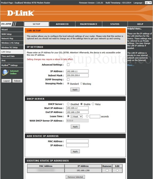 How to change the ip address of the Dlink DSL-2870B