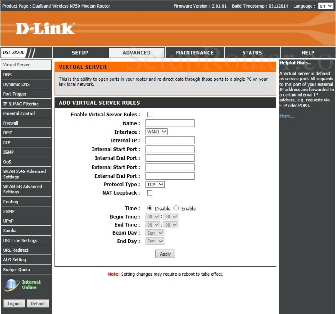 Dlink DSL-2870B Screenshot VirtualServer