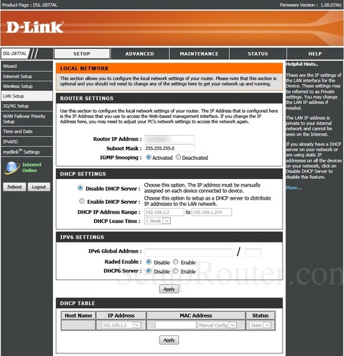 How to change the ip address of the Dlink DSL-2877AL