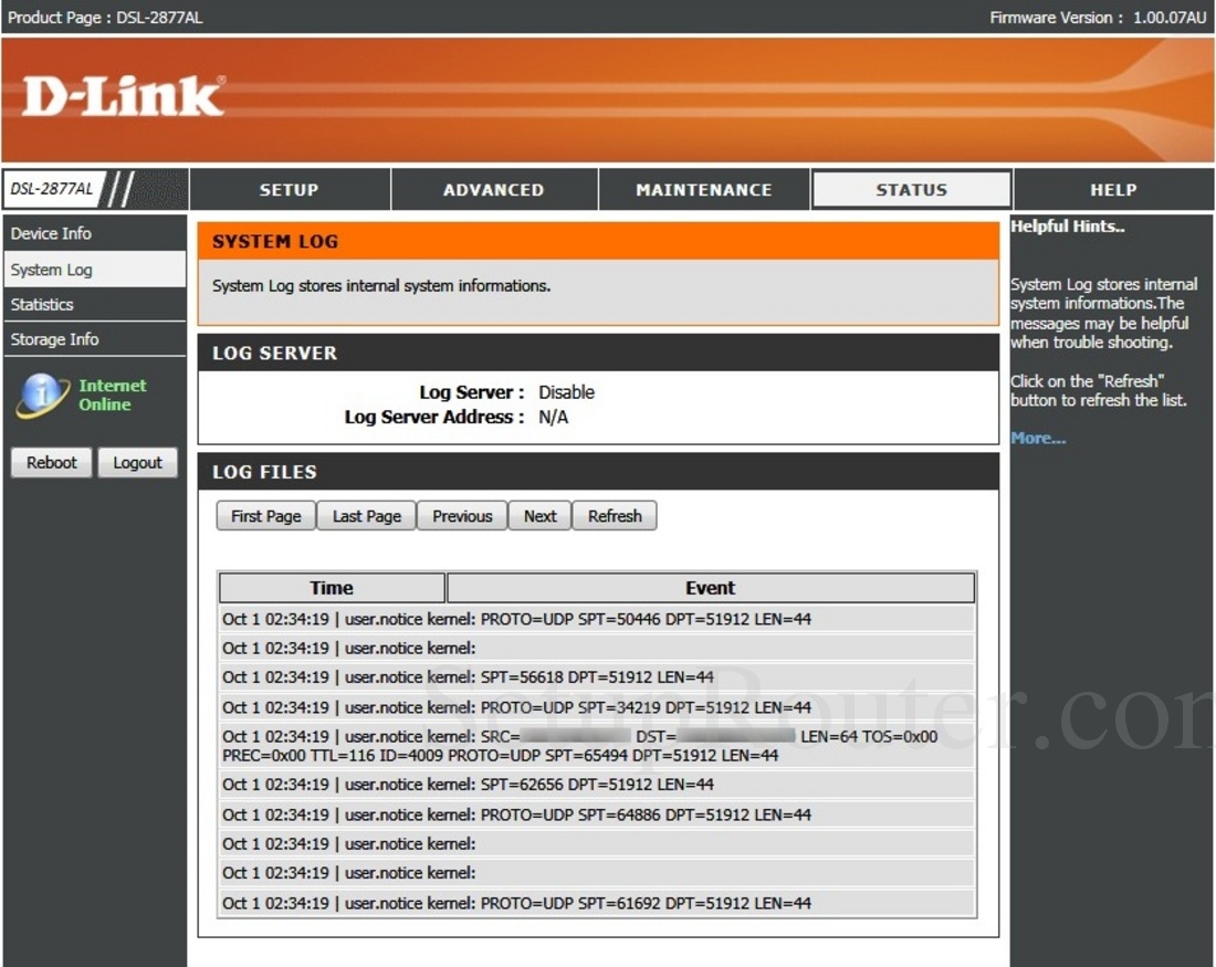 Dlink DSL-2877AL Screenshot SystemLog